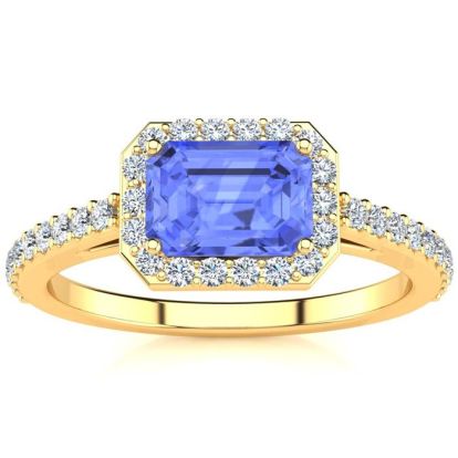 1 1/2 Carat Tanzanite and Halo Diamond Ring In 14 Karat Yellow Gold
