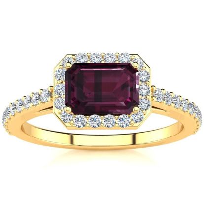 Garnet Ring: Garnet Jewelry: 1 1/2 Carat Garnet and Halo Diamond Ring In 14 Karat Yellow Gold