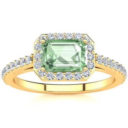 1 1/4 Carat Green Amethyst and Halo Diamond Ring In 14 Karat Yellow Gold