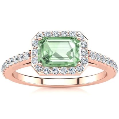 1 1/4 Carat Green Amethyst and Halo Diamond Ring In 14 Karat Rose Gold