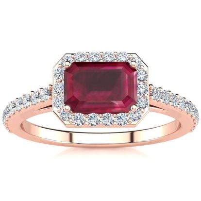 1 1/3 Carat Ruby and Halo Diamond Ring In 14 Karat Rose Gold