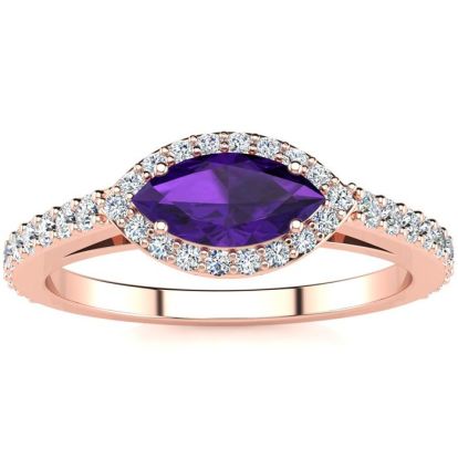 3/4 Carat Marquise Shape Amethyst and Halo Diamond Ring In 14 Karat Rose Gold