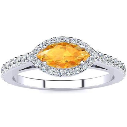 3/4 Carat Marquise Shape Citrine and Halo Diamond Ring In 14 Karat White Gold
