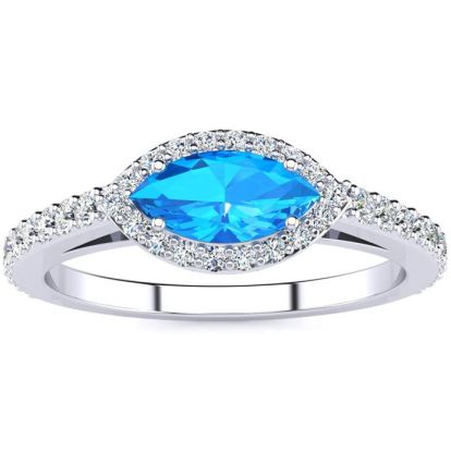 1 Carat Marquise Shape Blue Topaz and Halo Diamond Ring In 14 Karat White Gold