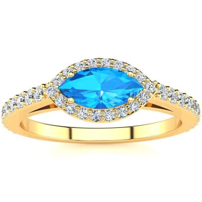 1 Carat Marquise Shape Blue Topaz and Halo Diamond Ring In 14 Karat Yellow Gold
