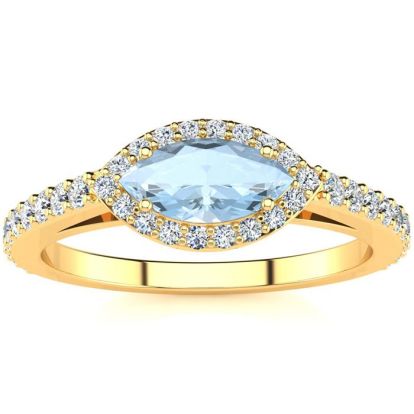 Aquamarine Ring: Aquamarine Jewelry: 3/4 Carat Marquise Shape Aquamarine and Halo Diamond Ring In 14 Karat Yellow Gold