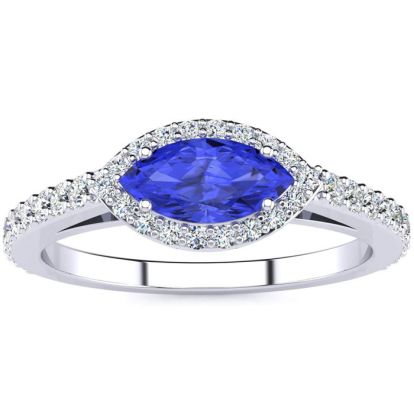 3/4 Carat Marquise Shape Tanzanite and Halo Diamond Ring In 14 Karat White Gold