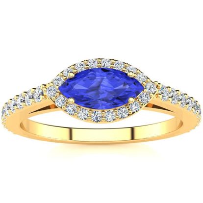 3/4 Carat Marquise Shape Tanzanite and Halo Diamond Ring In 14 Karat Yellow Gold