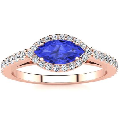 3/4 Carat Marquise Shape Tanzanite and Halo Diamond Ring In 14 Karat Rose Gold