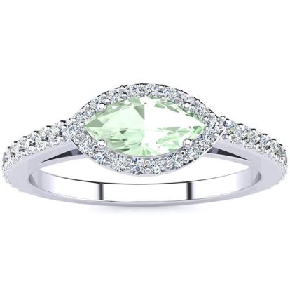 3/4 Carat Marquise Shape Green Amethyst and Halo Diamond Ring In 14 Karat White Gold