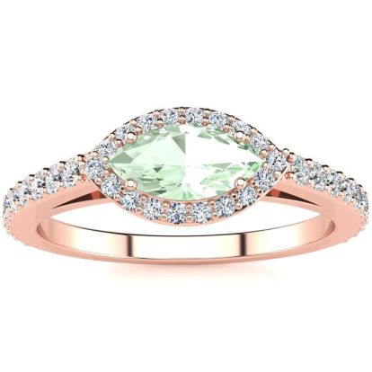 3/4 Carat Marquise Shape Green Amethyst and Halo Diamond Ring In 14 Karat Rose Gold