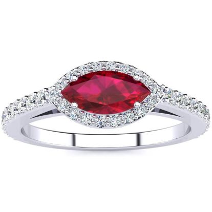 1 Carat Marquise Shape Ruby and Halo Diamond Ring In 14 Karat White Gold