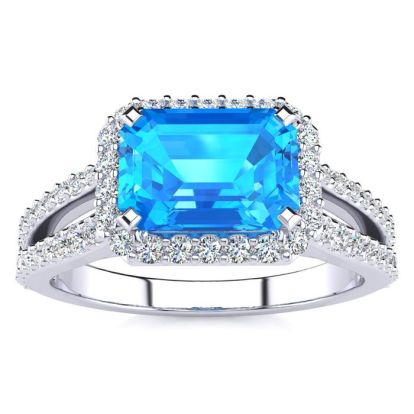 1 1/2 Carat Antique Blue Topaz and Halo Diamond Ring In 14 Karat White Gold