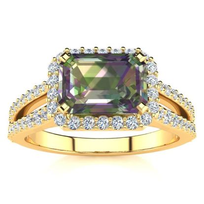 1-1/3 Carat Octagon Shape Mystic Topaz Ring With Diamond Halo In 14 Karat Yellow Gold