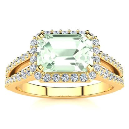 1 1/3 Carat Antique Green Amethyst and Halo Diamond Ring In 14 Karat Yellow Gold