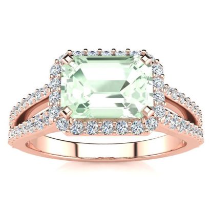 1 1/3 Carat Antique Green Amethyst and Halo Diamond Ring In 14 Karat Rose Gold