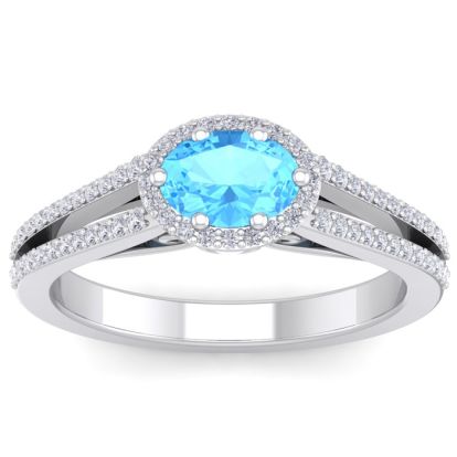 1 1/2 Carat Oval Shape Antique Blue Topaz and Halo Diamond Ring In 14 Karat White Gold