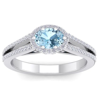 Aquamarine Ring: Aquamarine Jewelry: 1 1/4 Carat Oval Shape Antique Aquamarine and Halo Diamond Ring In 14 Karat White Gold