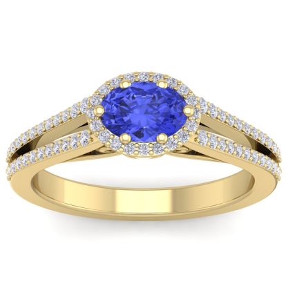 1 1/3 Carat Oval Shape Antique Tanzanite and Halo Diamond Ring In 14 Karat Yellow Gold