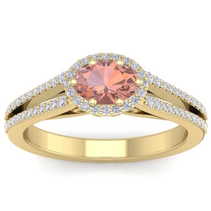 1-1/4 Carat Oval Shape Antique Morganite and Halo Diamond Ring In 14 Karat Yellow Gold