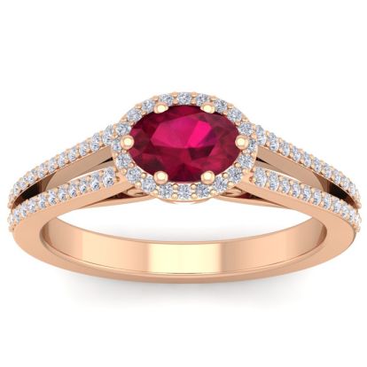 1 1/3 Carat Oval Shape Antique Ruby and Halo Diamond Ring In 14 Karat Rose Gold