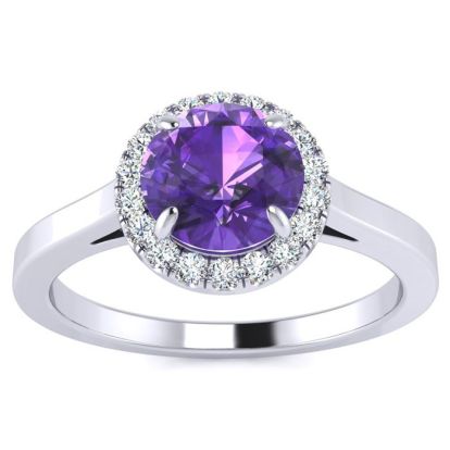 3/4 Carat Round Shape Amethyst and Halo Diamond Ring In 14 Karat White Gold