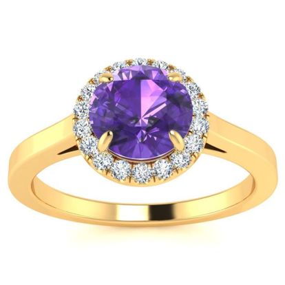 3/4 Carat Round Shape Amethyst and Halo Diamond Ring In 14 Karat Yellow Gold