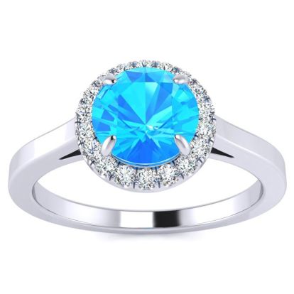 1 Carat Round Shape Blue Topaz and Halo Diamond Ring In 14 Karat White Gold
