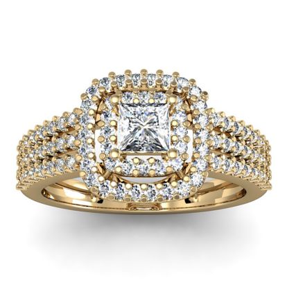 Cheap Engagement Rings, 1 Carat Princess Cut Double Halo Diamond Engagement Ring in 14 Karat Yellow Gold 