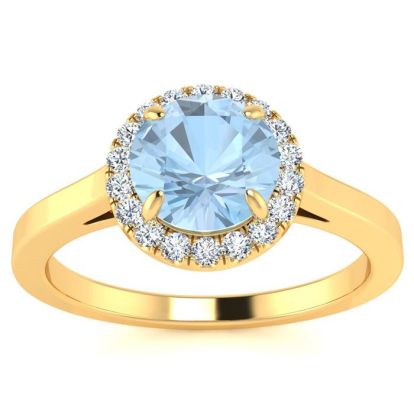 Aquamarine Ring: Aquamarine Jewelry: 1 Carat Round Shape Aquamarine and Halo Diamond Ring In 14 Karat Yellow Gold