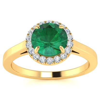 1 Carat Round Shape Emerald and Halo Diamond Ring In 14 Karat Yellow Gold