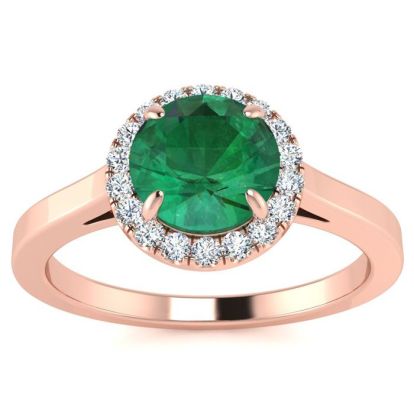 1 Carat Round Shape Emerald and Halo Diamond Ring In 14 Karat Rose Gold
