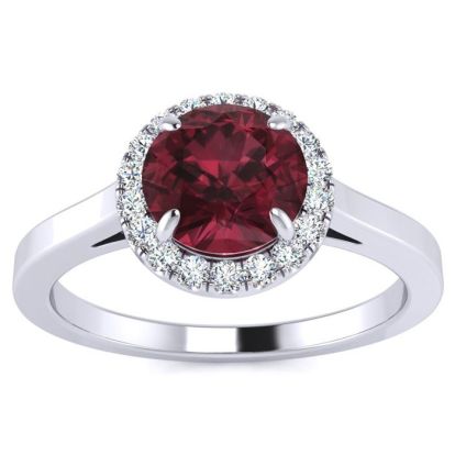 Garnet Ring: Garnet Jewelry: 1 1/4 Carat Round Shape Garnet and Halo Diamond Ring In 14 Karat White Gold