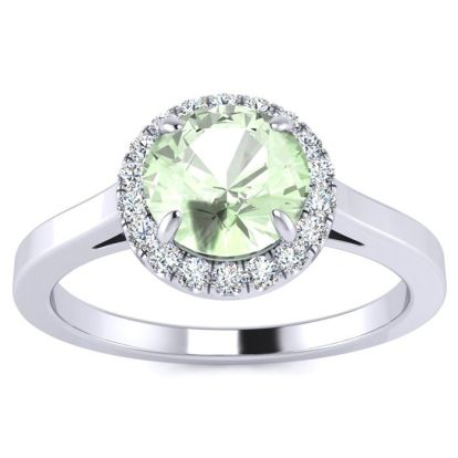3/4 Carat Round Shape Green Amethyst and Halo Diamond Ring In 14 Karat White Gold