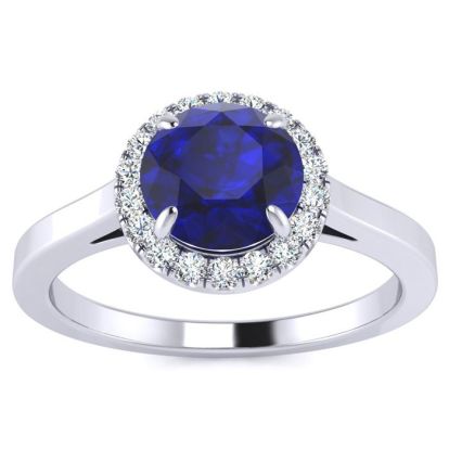 1 Carat Round Shape Sapphire and Halo Diamond Ring In 14 Karat White Gold