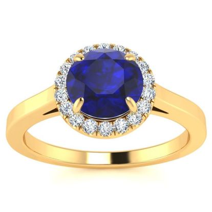 1 Carat Round Shape Sapphire and Halo Diamond Ring In 14 Karat Yellow Gold
