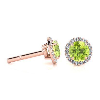 1 1/4 Carat Round Shape Peridot and Halo Diamond Earrings In 14 Karat Rose Gold
