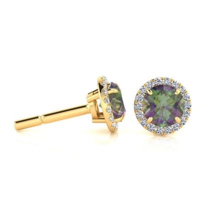 1 Carat Round Shape Mystic Topaz and Halo Diamond Earrings In 14 Karat Yellow Gold