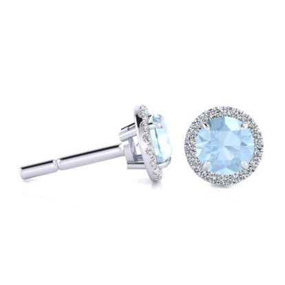 Aquamarine Earrings: Aquamarine Jewelry: 1 Carat Round Shape Aquamarine and Halo Diamond Earrings In 14 Karat White Gold
