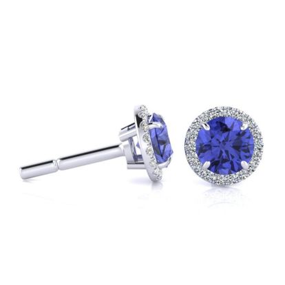 1 1/4 Carat Round Shape Tanzanite and Halo Diamond Earrings In 14 Karat White Gold