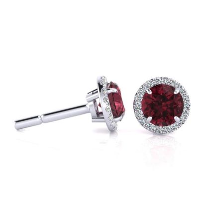 Garnet Earrings: Garnet Jewelry: 1 1/3 Carat Round Shape Garnet and Halo Diamond Earrings In 14 Karat White Gold