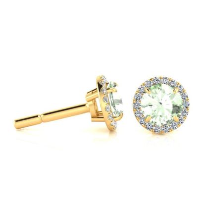 1 Carat Round Shape Green Amethyst and Halo Diamond Earrings In 14 Karat Yellow Gold