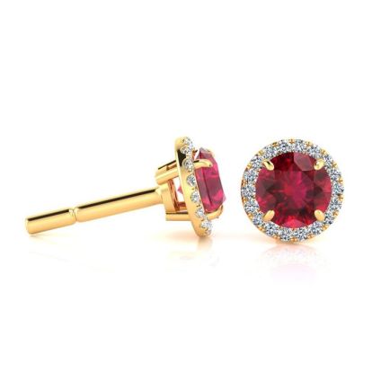 1 1/3 Carat Round Shape Ruby and Halo Diamond Earrings In 14 Karat Yellow Gold