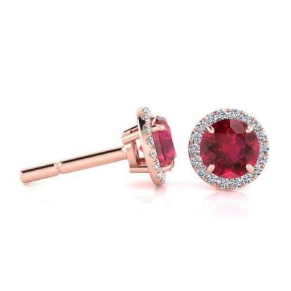 1 1/3 Carat Round Shape Ruby and Halo Diamond Earrings In 14 Karat Rose Gold