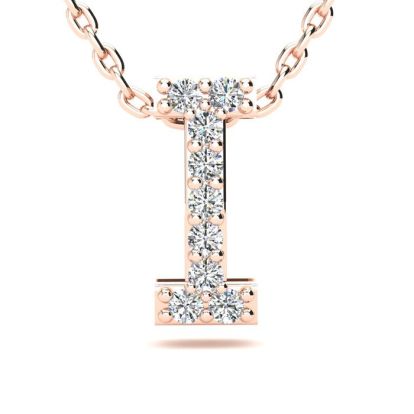 Letter I Diamond Initial Necklace In 14K Rose Gold With 13 Diamonds