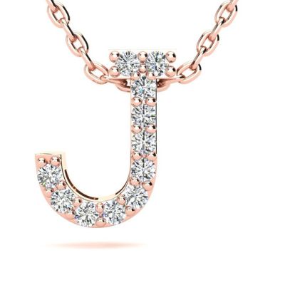 Letter J Diamond Initial Necklace In 14K Rose Gold With 13 Diamonds