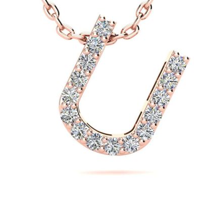 Letter U Diamond Initial Necklace In 14K Rose Gold With 13 Diamonds