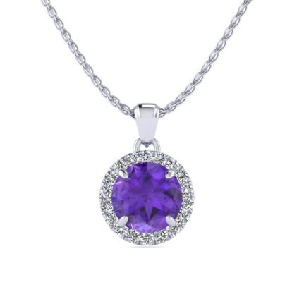 3/4 Carat Round Shape Amethyst and Halo Diamond Necklace In 14 Karat White Gold
