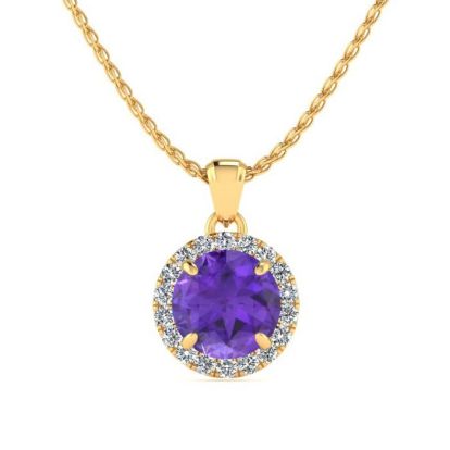 3/4 Carat Round Shape Amethyst and Halo Diamond Necklace In 14 Karat Yellow Gold