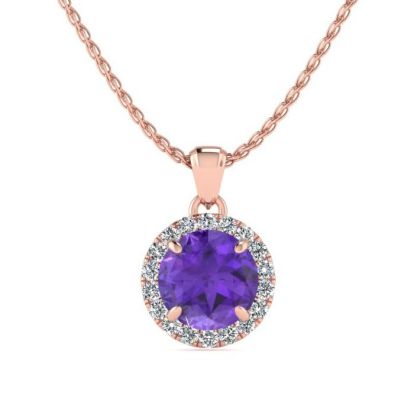 3/4 Carat Round Shape Amethyst and Halo Diamond Necklace In 14 Karat Rose Gold
